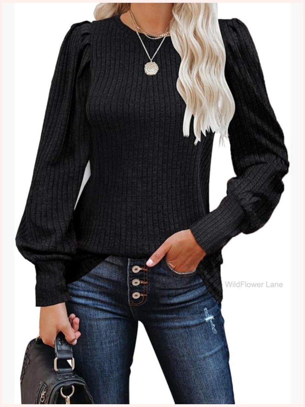Puff Long Sleeve Knit Blouse Crew Neck Tunic Tops Casual Elegant